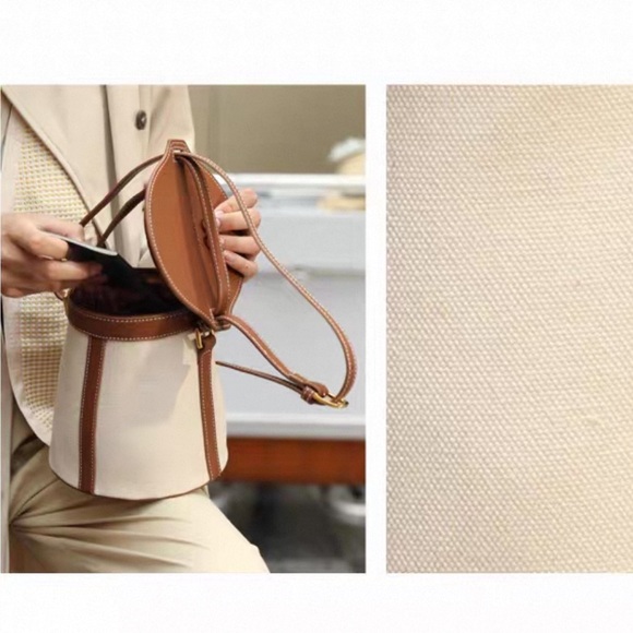 Canvas Leather Trim Bucket Bag Adjustable Shoulder‎ & Crossbody Bag Casual Bag - Picture 8 of 9